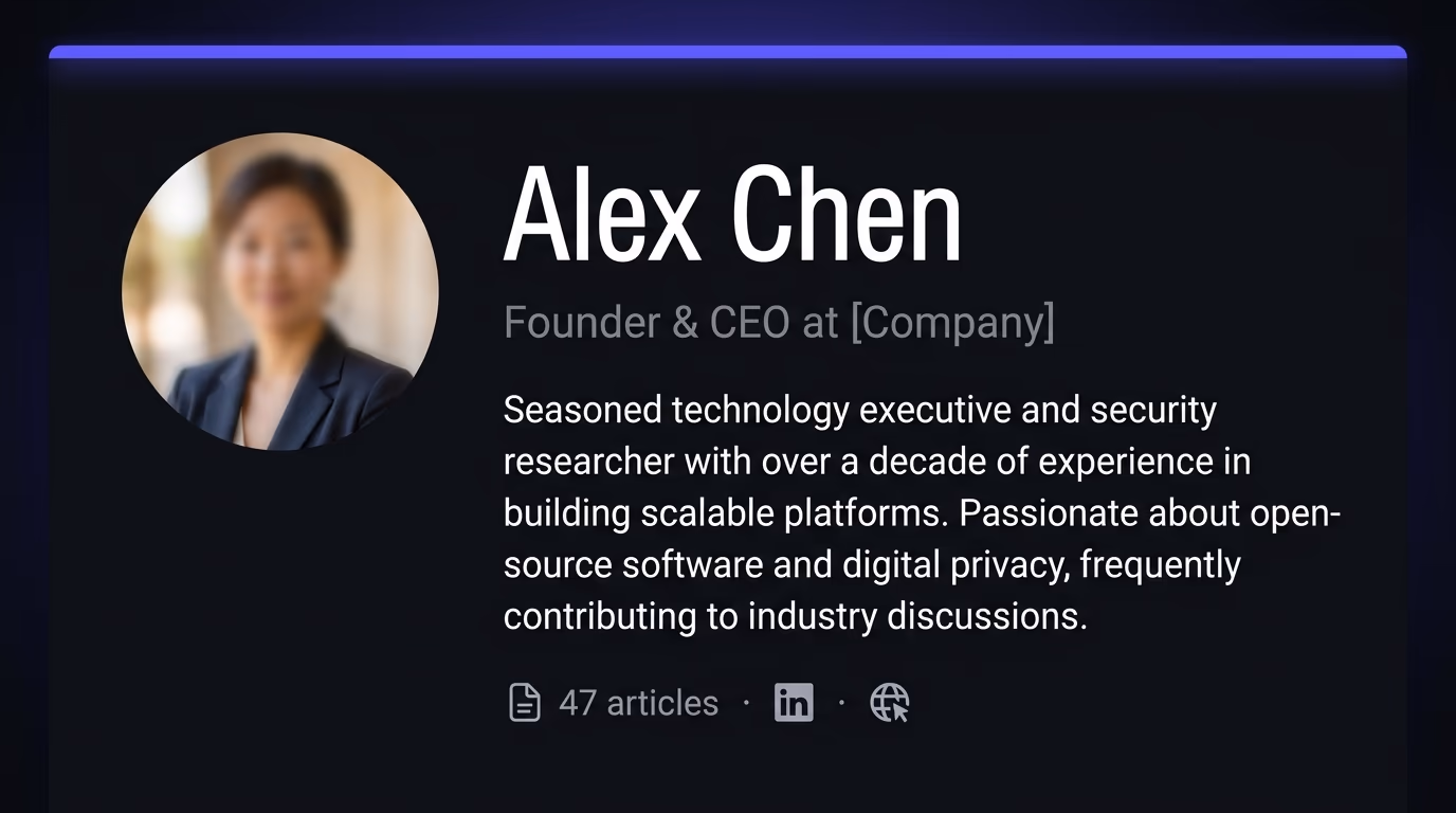 A blog post author bio section showing a real photo, name, credentials, and links to published work