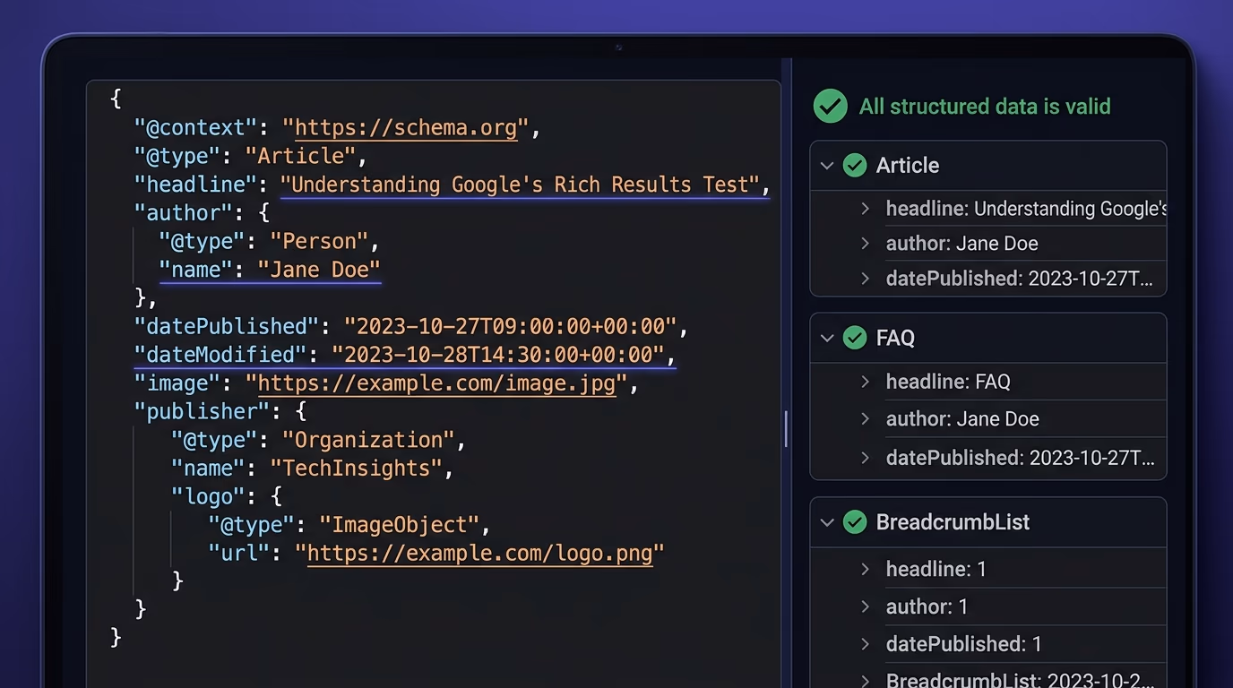 A JSON-LD structured data block showing Article schema with author, datePublished, and headline properties
