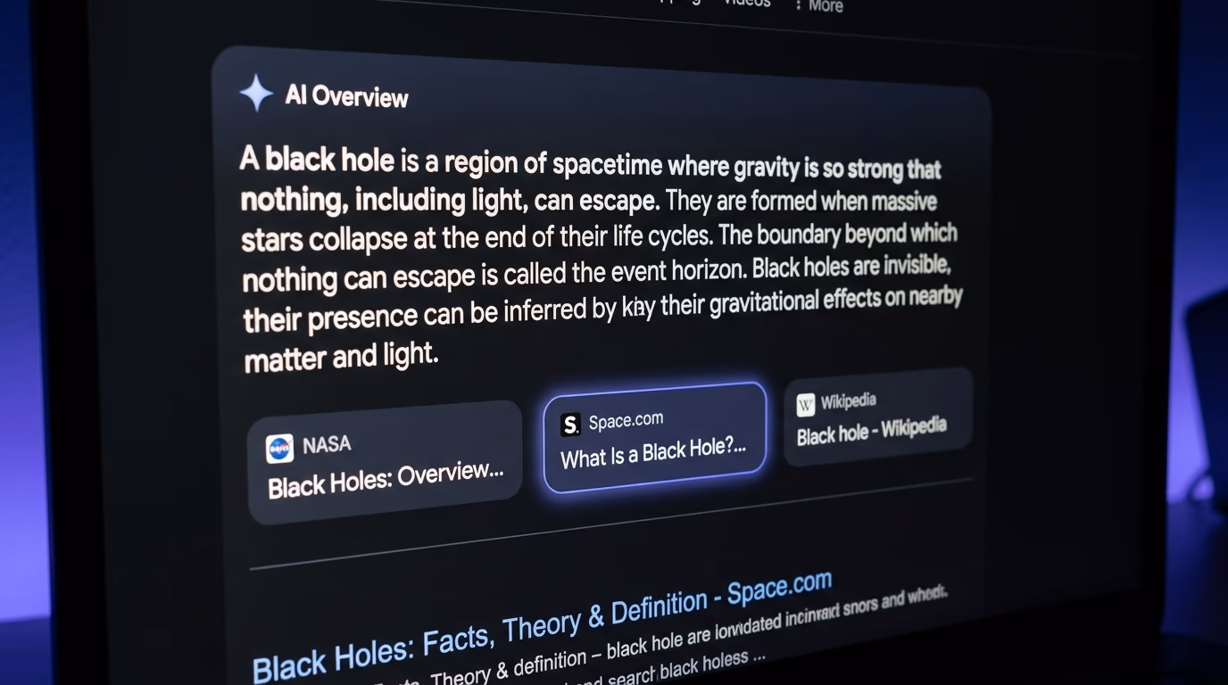 Google AI Overviews answer box showing cited sources at the top of a search results page