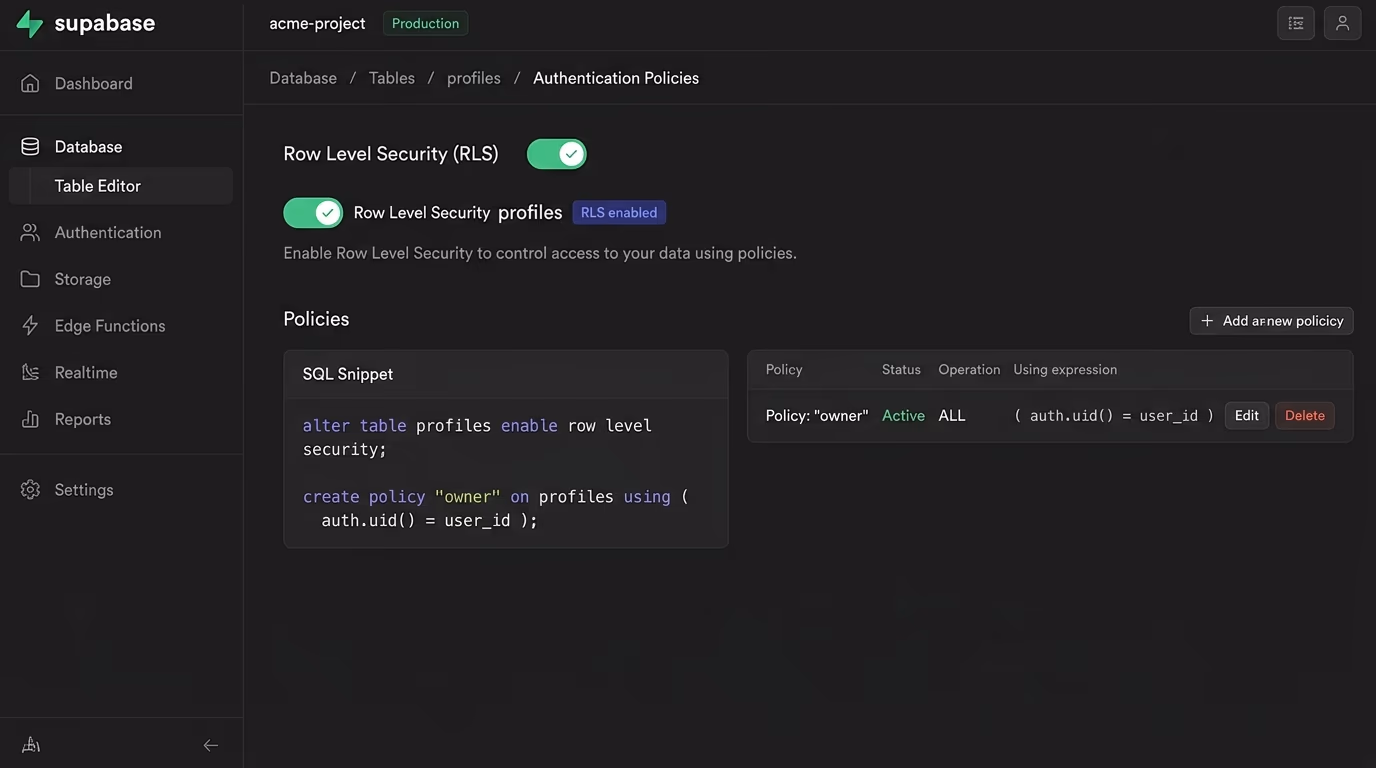Supabase RLS enabled on the profiles table in the Supabase dashboard, with the SQL policy create policy on profiles using auth.uid() equals user_id
