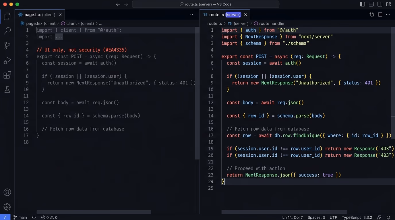 Next.js security split editor: a client page.tsx marked UI only beside a server route.ts that checks the session, validates with schema.parse and confirms the user owns the row