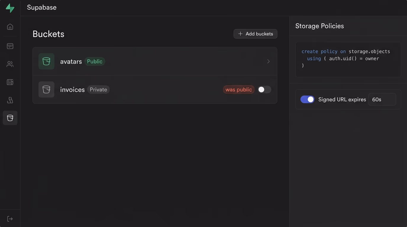 Supabase security in the Storage dashboard: an avatars bucket set public and an invoices bucket switched to private, with a storage policy and a signed URL expiry