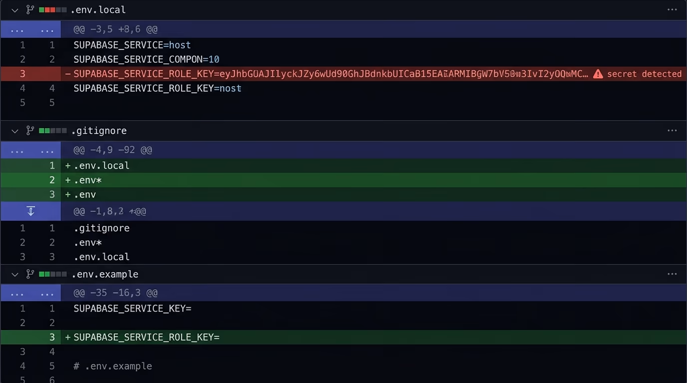 Next.js security in a git diff: the SUPABASE_SERVICE_ROLE_KEY removed from .env.local, .env files added to .gitignore, and a .env.example with empty values