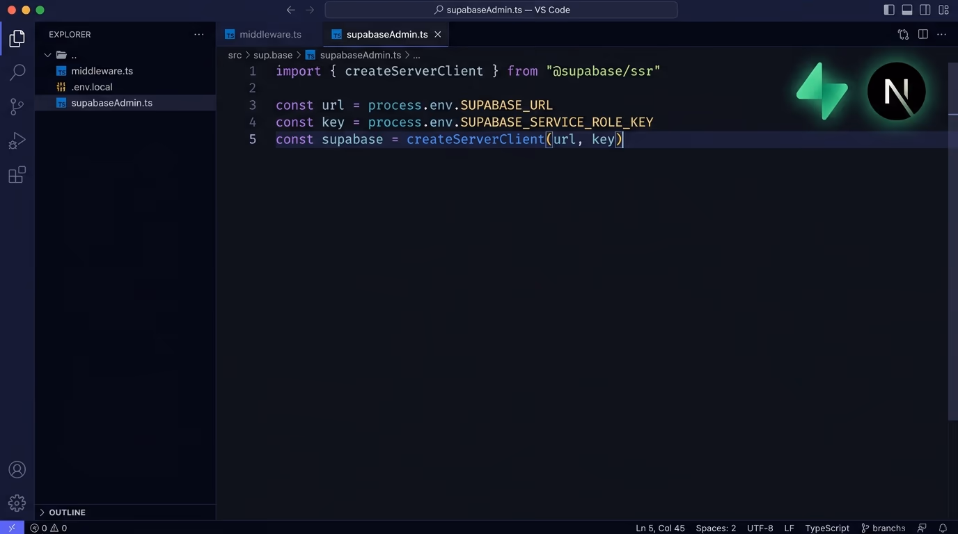 To secure next.js supabase code, a VS Code editor shows createServerClient reading SUPABASE_SERVICE_ROLE_KEY from process.env, with the Supabase and Next.js logos