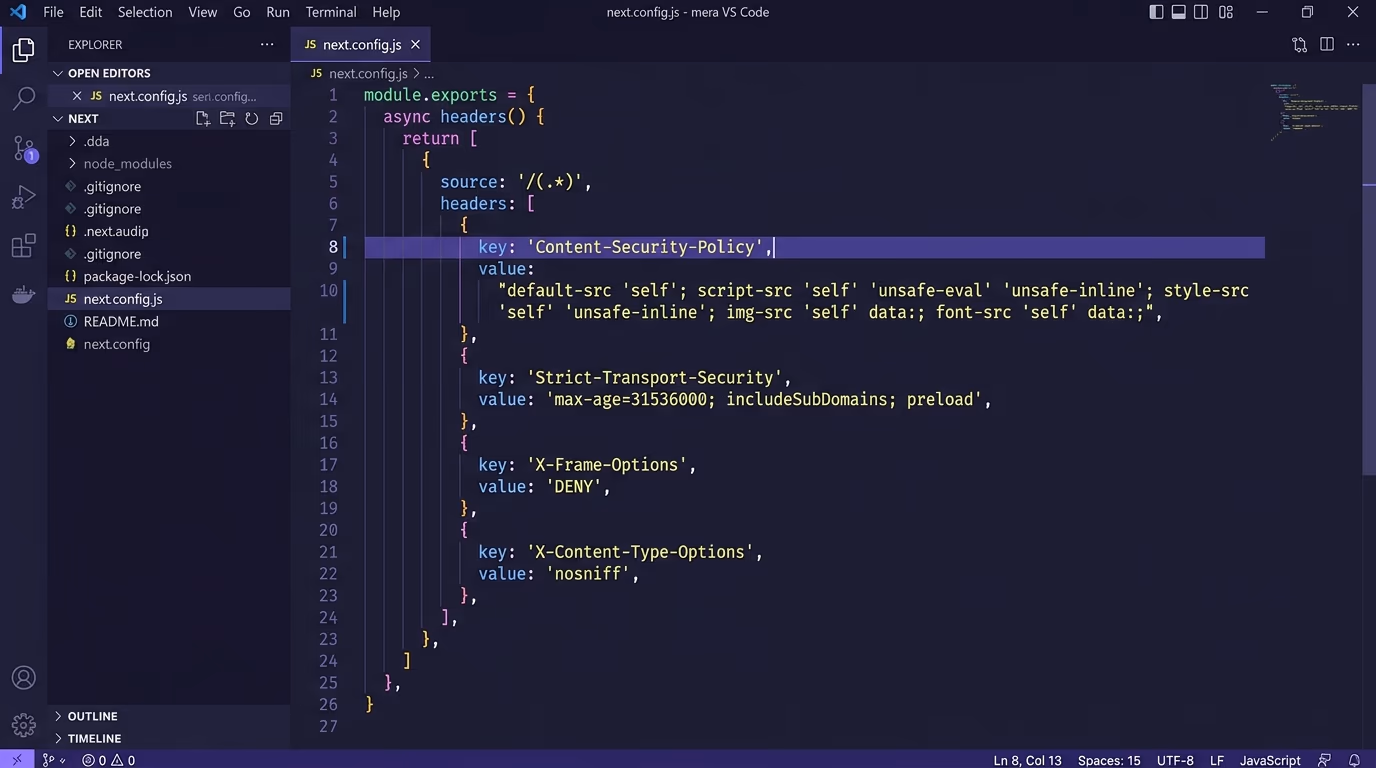 Next.js security headers in next.config.js: an async headers() function returning Content-Security-Policy, Strict-Transport-Security, X-Frame-Options DENY and X-Content-Type-Options nosniff