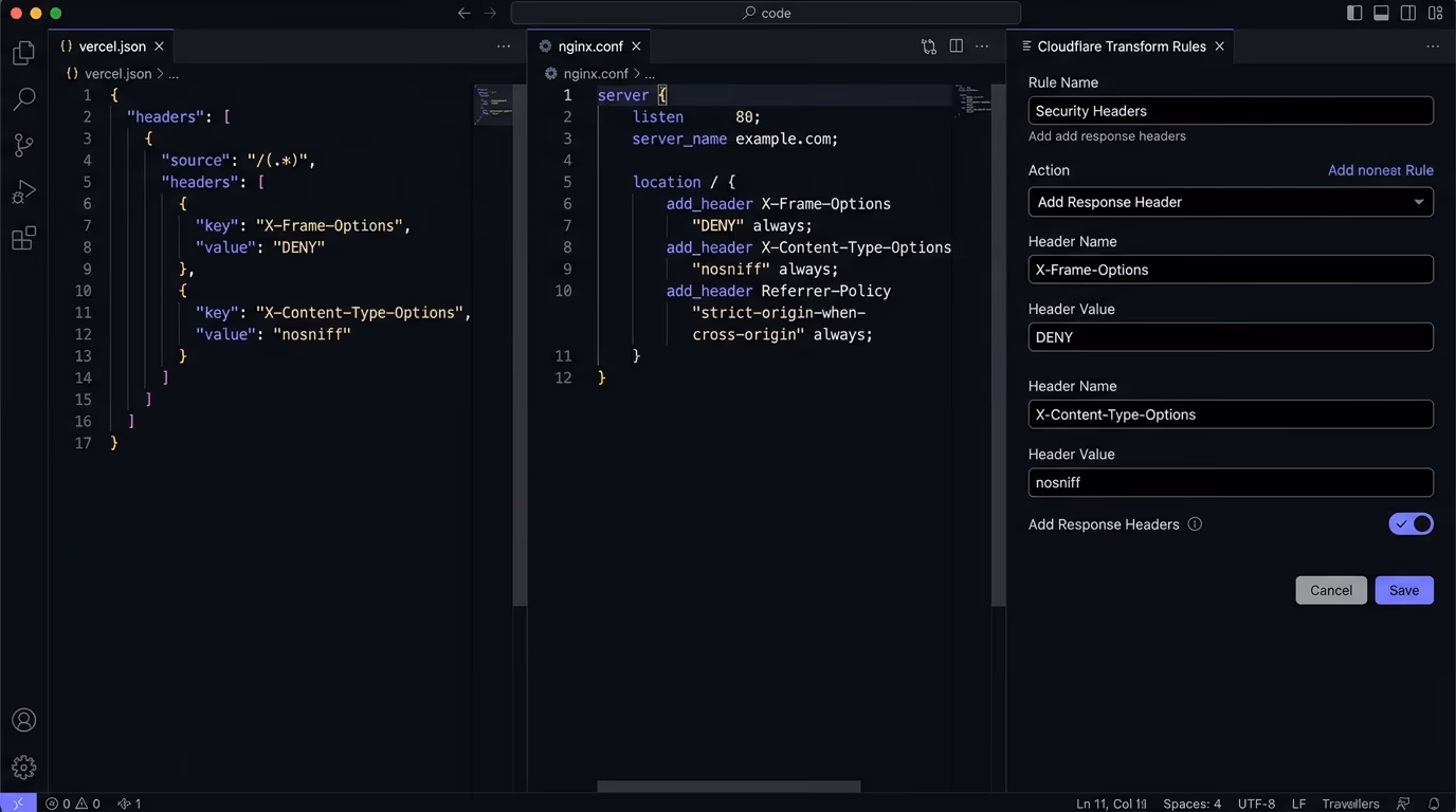 How to add security headers, a code editor split view showing a Vercel headers config, an Nginx add_header block, and a Cloudflare Transform Rule side by side