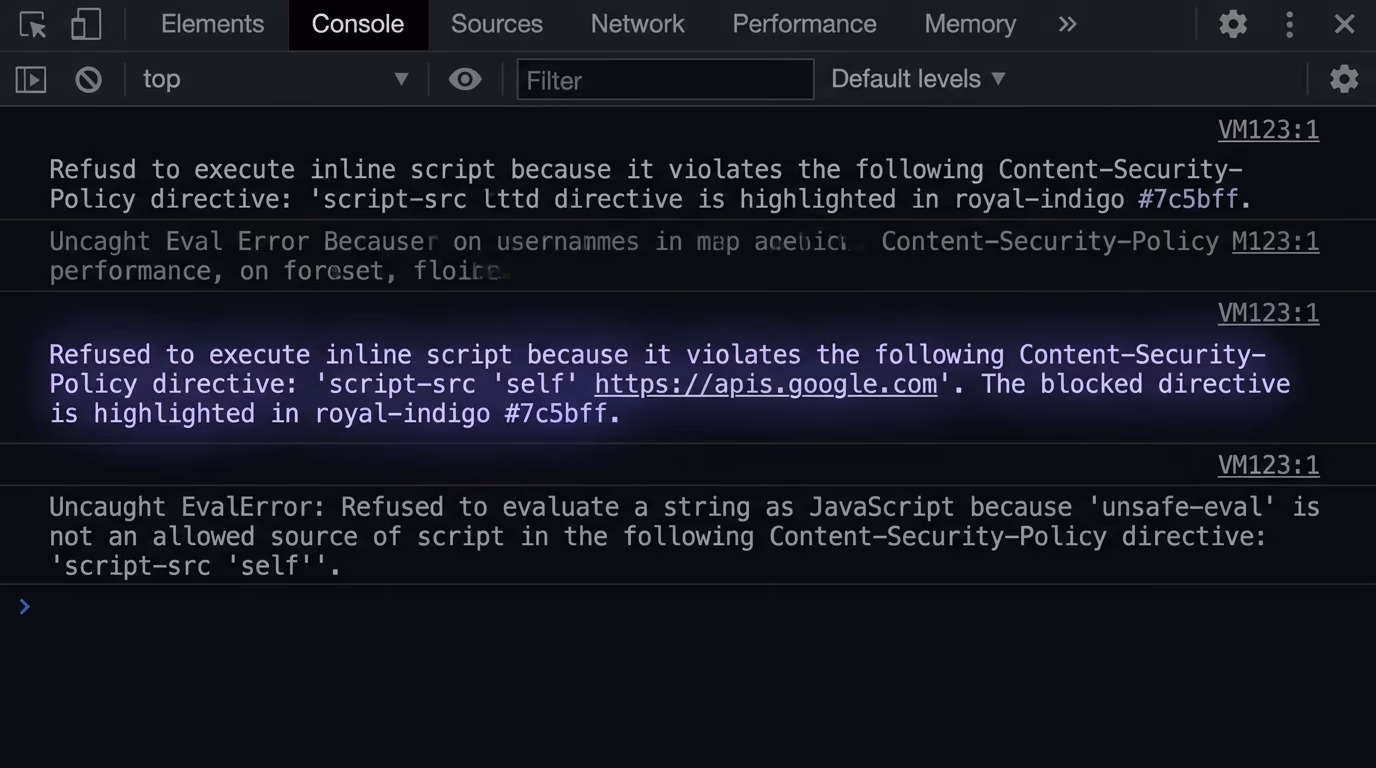 What a Content Security Policy is, a browser console showing a CSP violation report where an injected inline script was blocked from executing