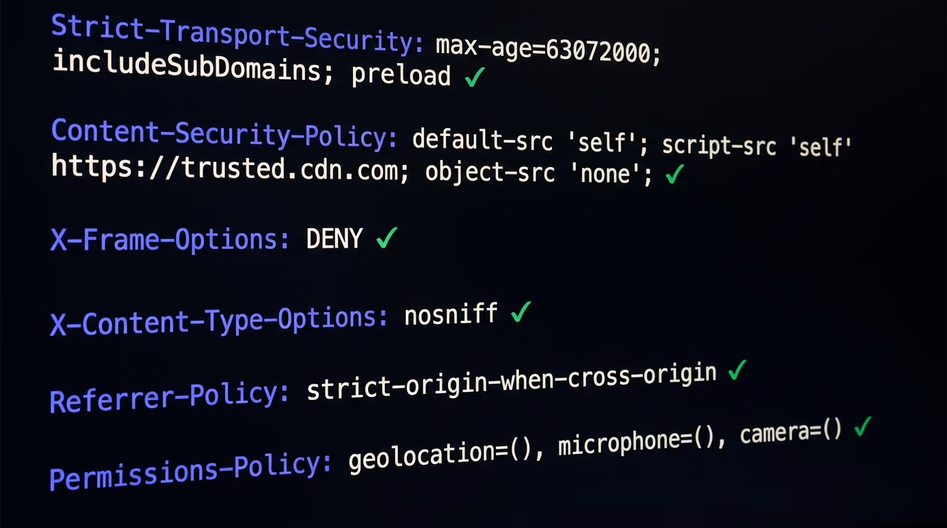 The six security headers that matter, a clean terminal listing HSTS, Content-Security-Policy, X-Frame-Options, X-Content-Type-Options, Referrer-Policy, and Permissions-Policy each set to a recommended value