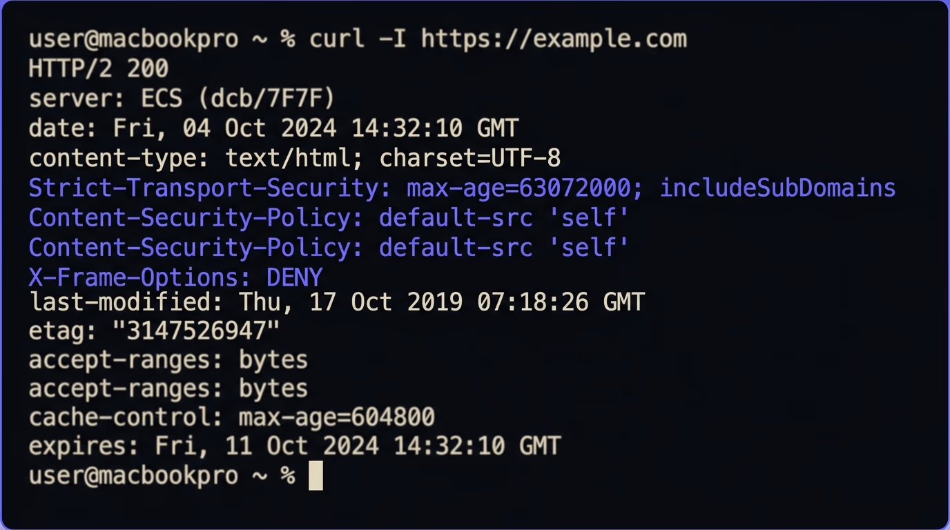 Security headers on a website, a terminal showing curl response headers with Content-Security-Policy, Strict-Transport-Security, and X-Frame-Options set on a live site