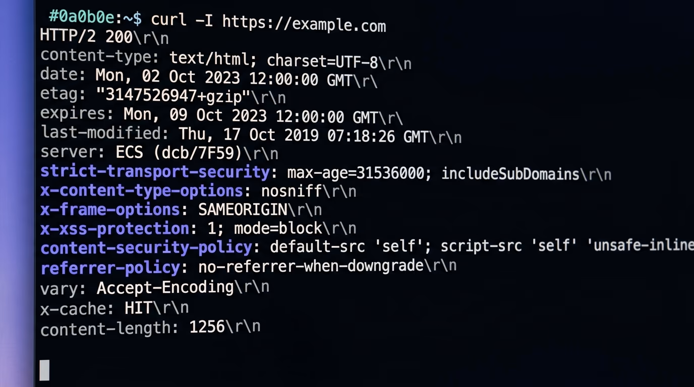 How to test security headers, a terminal running curl against a live domain with the security header lines visible in the printed response
