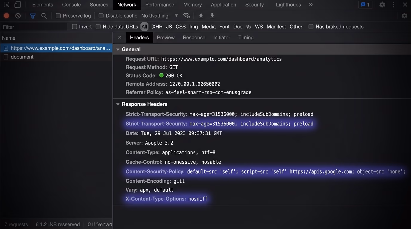 What HTTP security headers are, a browser DevTools Network panel showing a document response with its security headers highlighted in the headers list