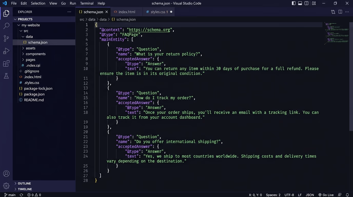 Schema.org FAQPage JSON-LD open in VS Code, a core answer engine optimization move that gets content cited
