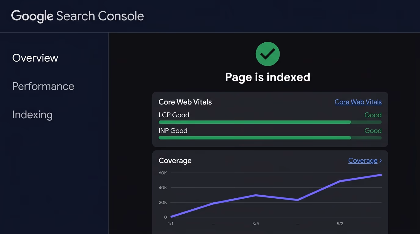 Google Search Console showing Page is indexed and Core Web Vitals Good, the seo vs aeo difference starts with this foundation