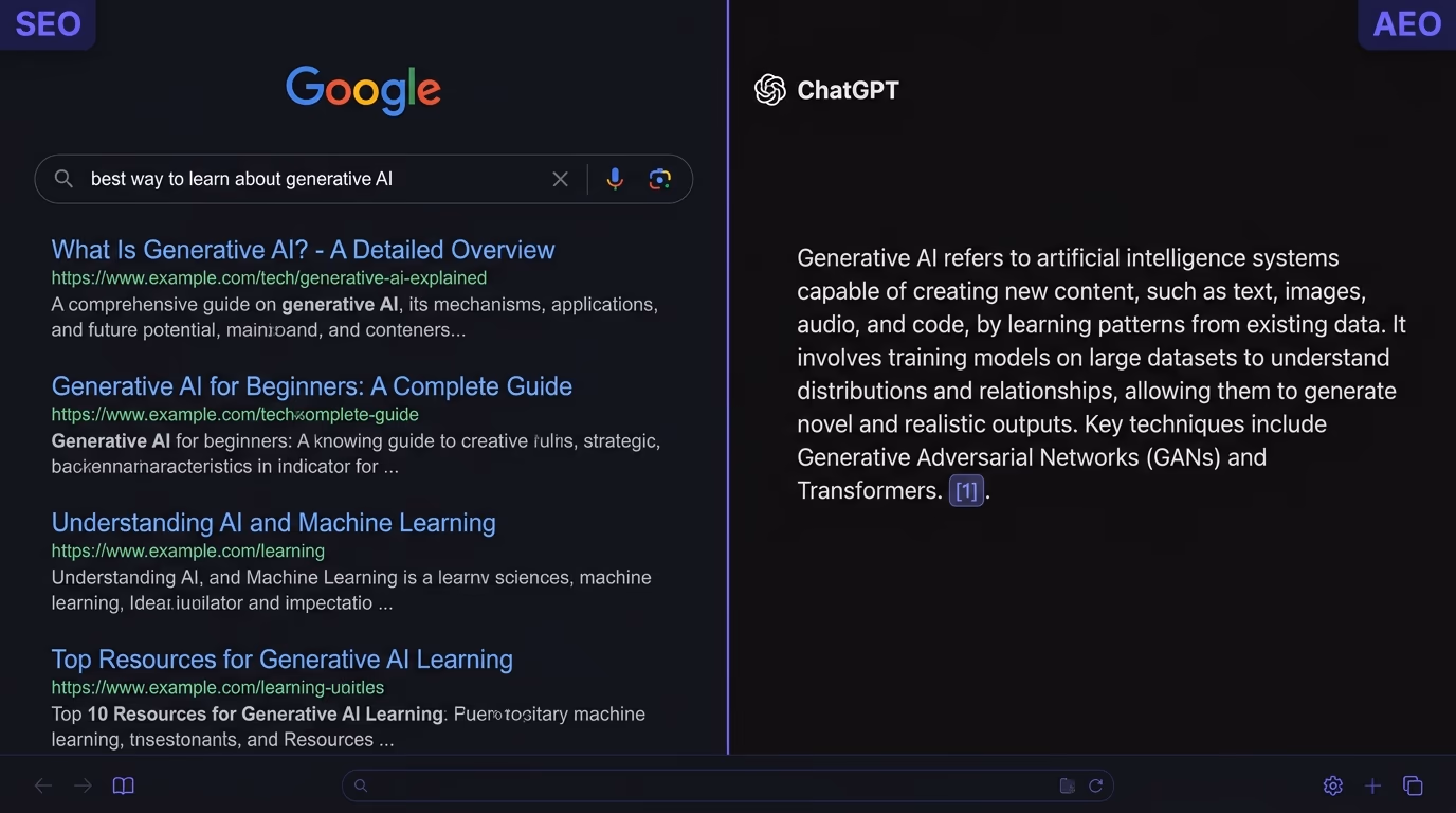 A Google results list beside a ChatGPT answer, the seo vs aeo difference shown side by side