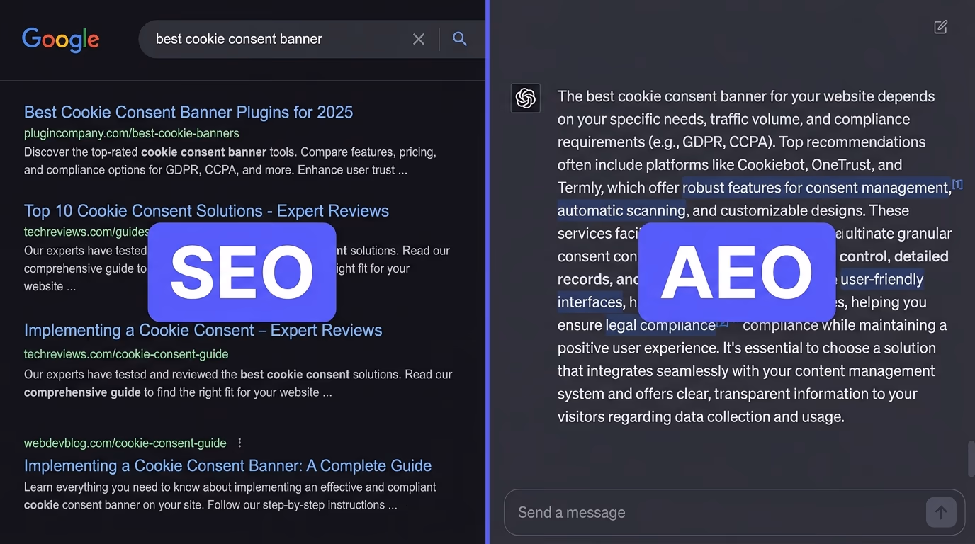 SEO vs AEO split screen: a Google search results list on the left, a ChatGPT answer on the right
