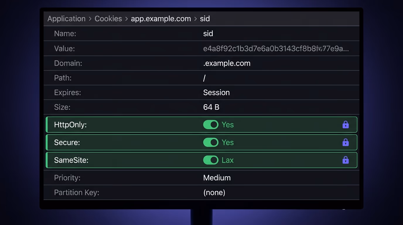 A browser application tab showing cookie details with HttpOnly, Secure, and SameSite flags all checked and highlighted in green