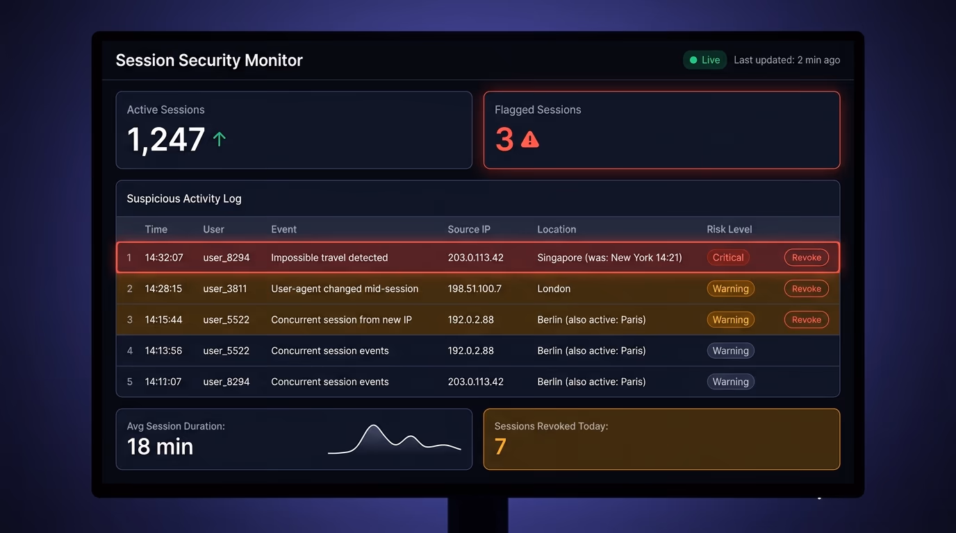 A security monitoring dashboard showing flagged sessions with IP address mismatches and impossible-travel alerts highlighted in red