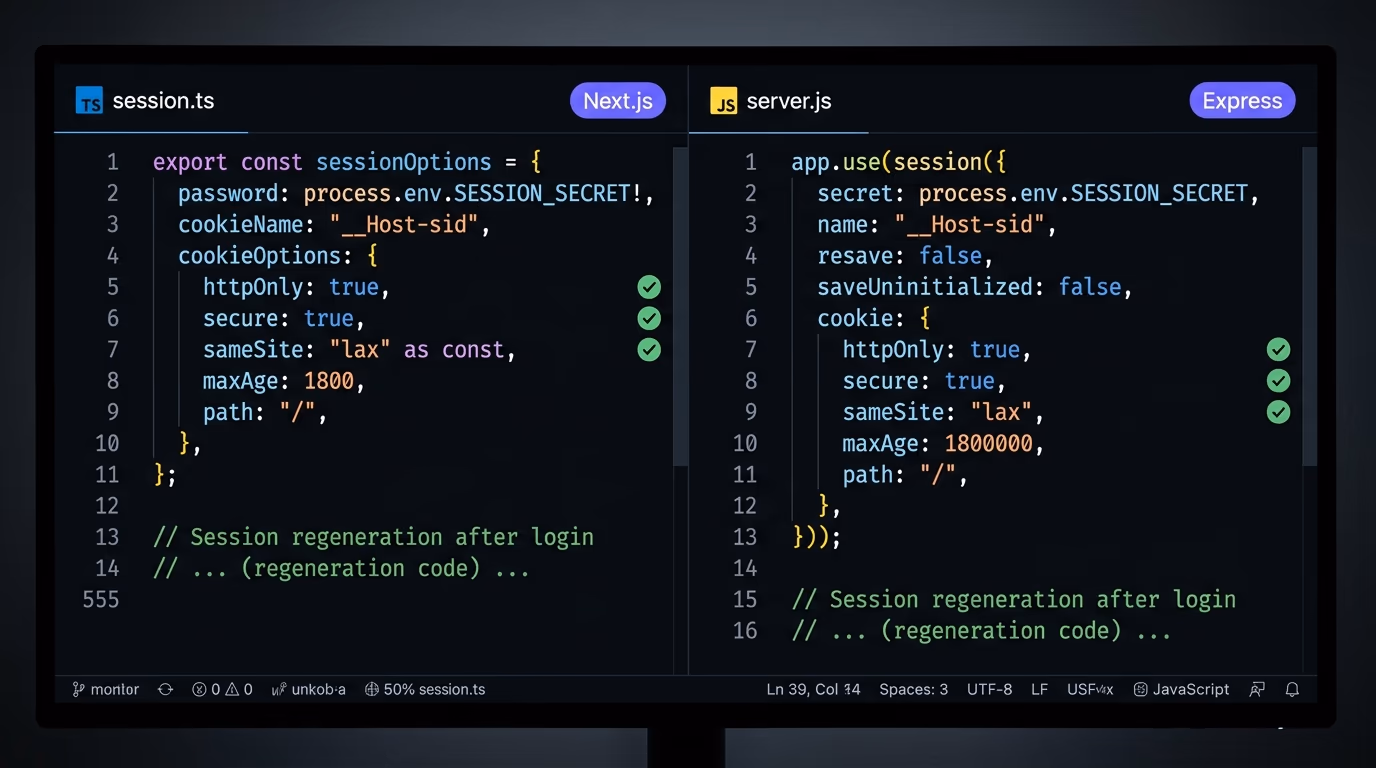 A split-screen code editor showing Next.js session configuration on the left and Express session configuration on the right, both with secure flags highlighted