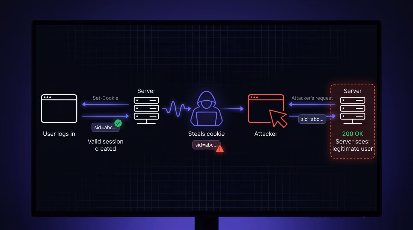 A diagram showing the three steps of session hijacking: user logs in and gets a cookie, attacker intercepts the cookie, attacker sends requests with the stolen cookie
