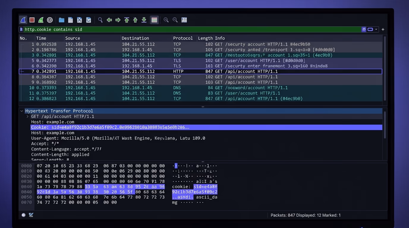 A network packet capture screen showing HTTP traffic with a session cookie visible in plain text