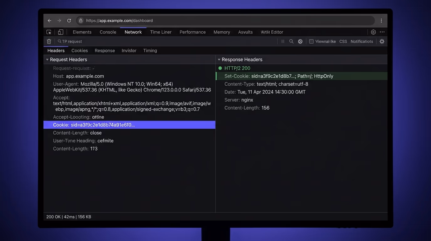 A browser developer tools panel showing a session cookie being inspected, with the cookie value highlighted