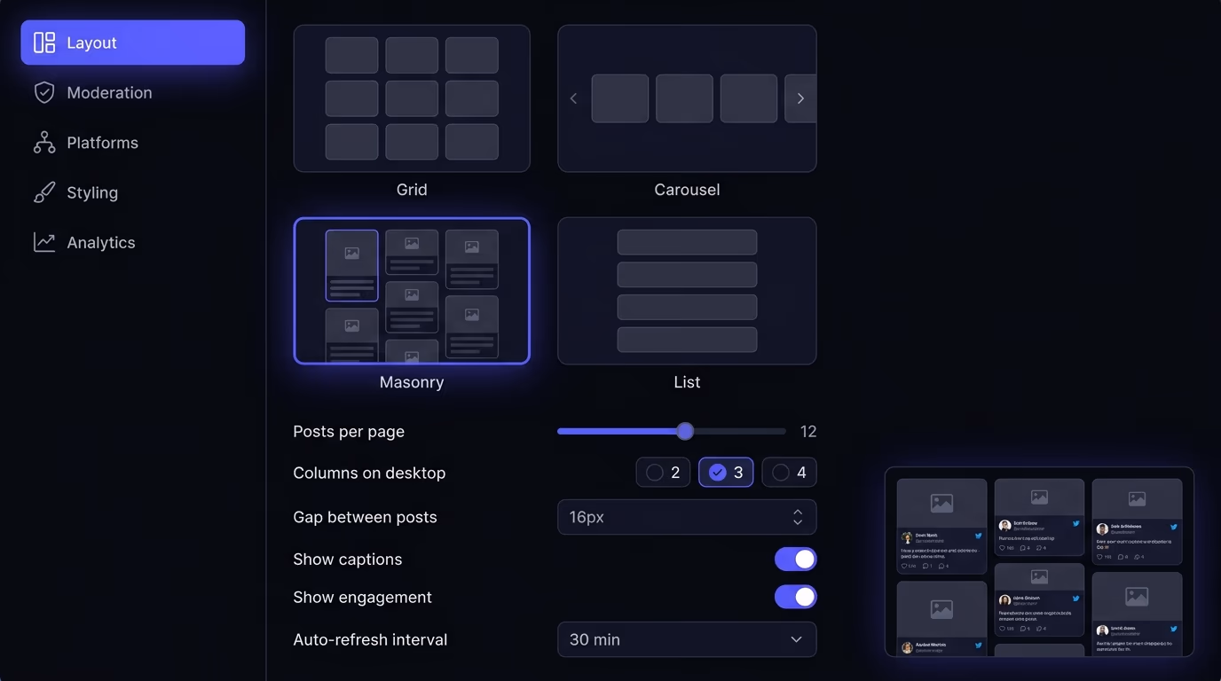 Social media aggregator feature evaluation showing layout templates, moderation controls, and platform connection options