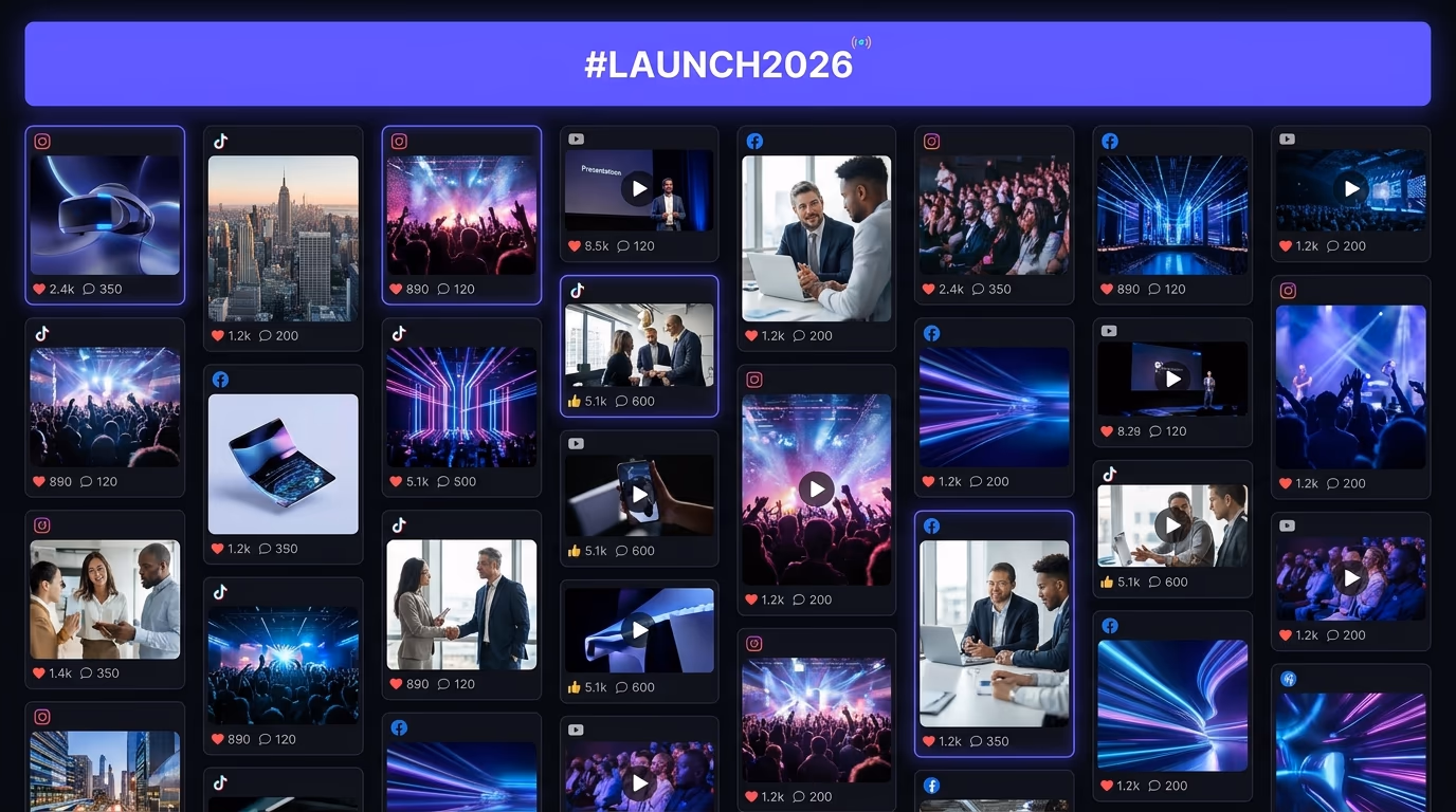 A live hashtag wall interface showing a grid of social posts from Instagram, TikTok, YouTube, and Facebook all tagged with one campaign hashtag