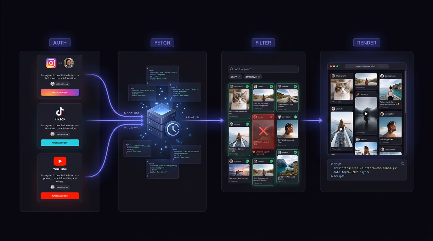 Technical flow of a social media aggregator showing API authentication, content fetching, filtering, and widget rendering steps