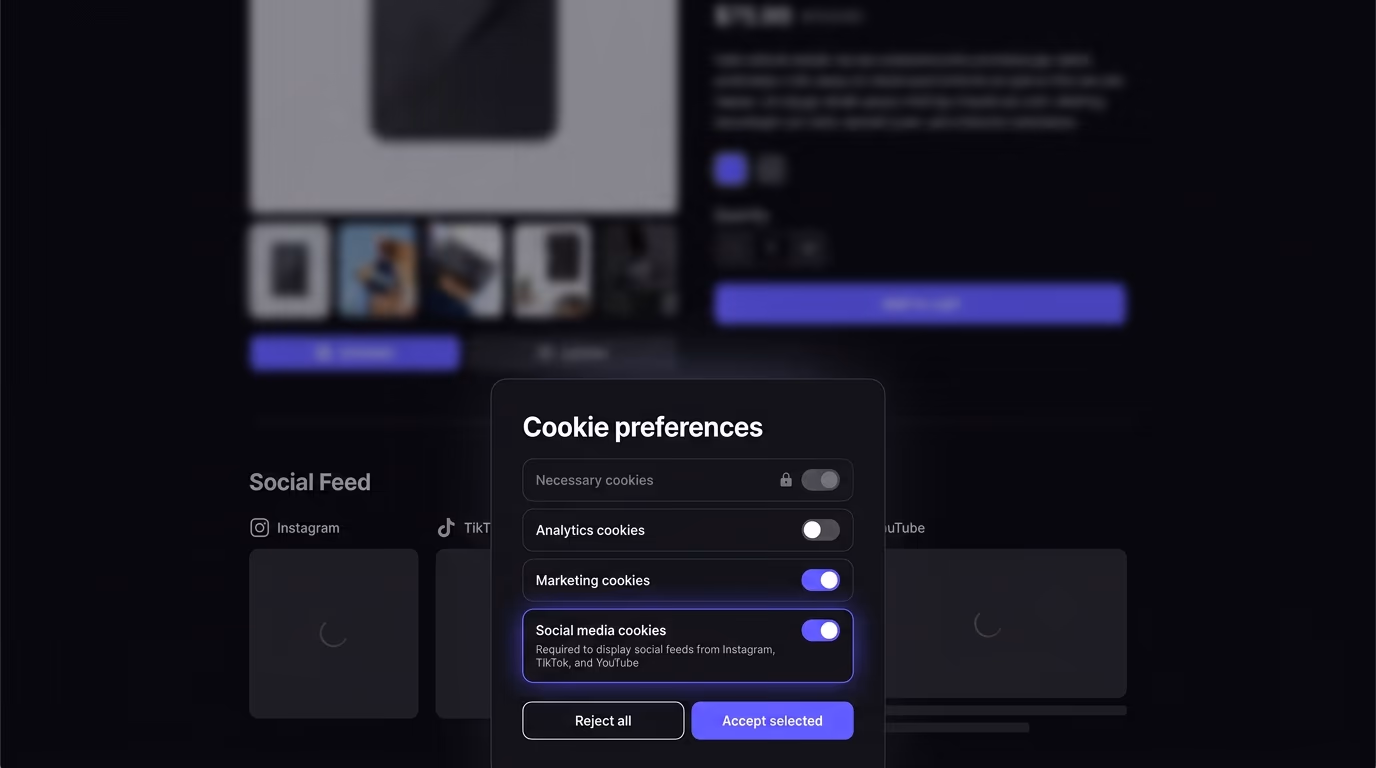 Cookie consent banner configured to gate social media feed scripts, showing category toggles for marketing and social media cookies