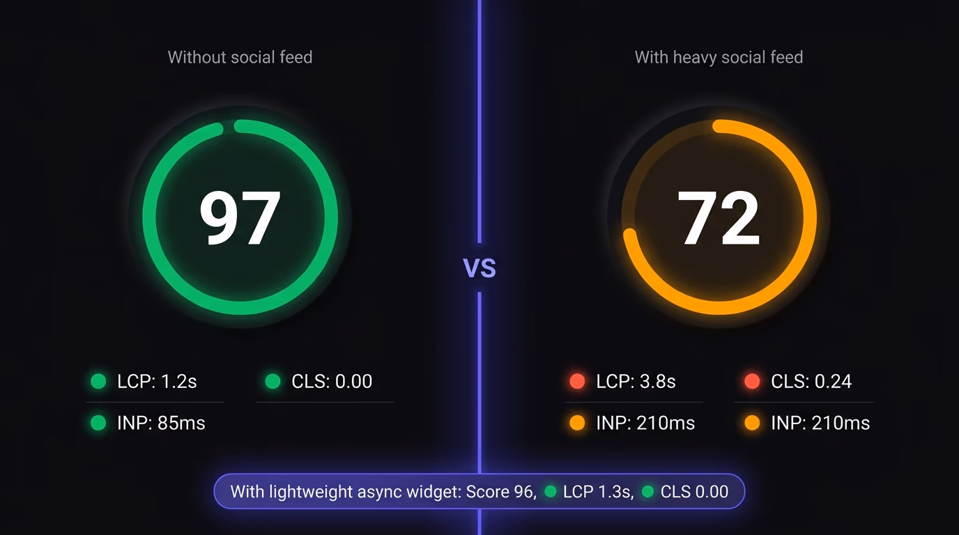 PageSpeed Insights score comparison showing Core Web Vitals impact of a lightweight versus a heavy social feed embed