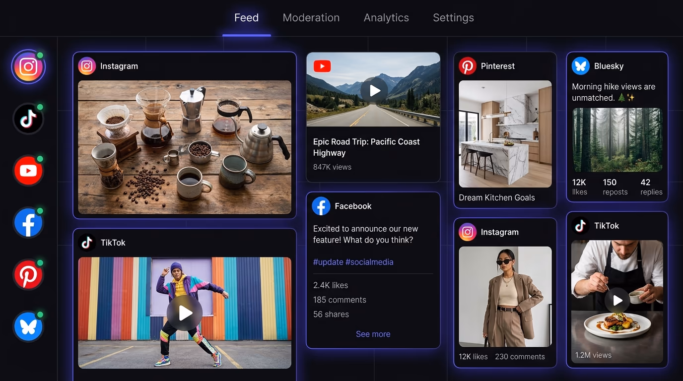 Social media aggregator dashboard showing Instagram, TikTok, and YouTube feeds combined into a single widget