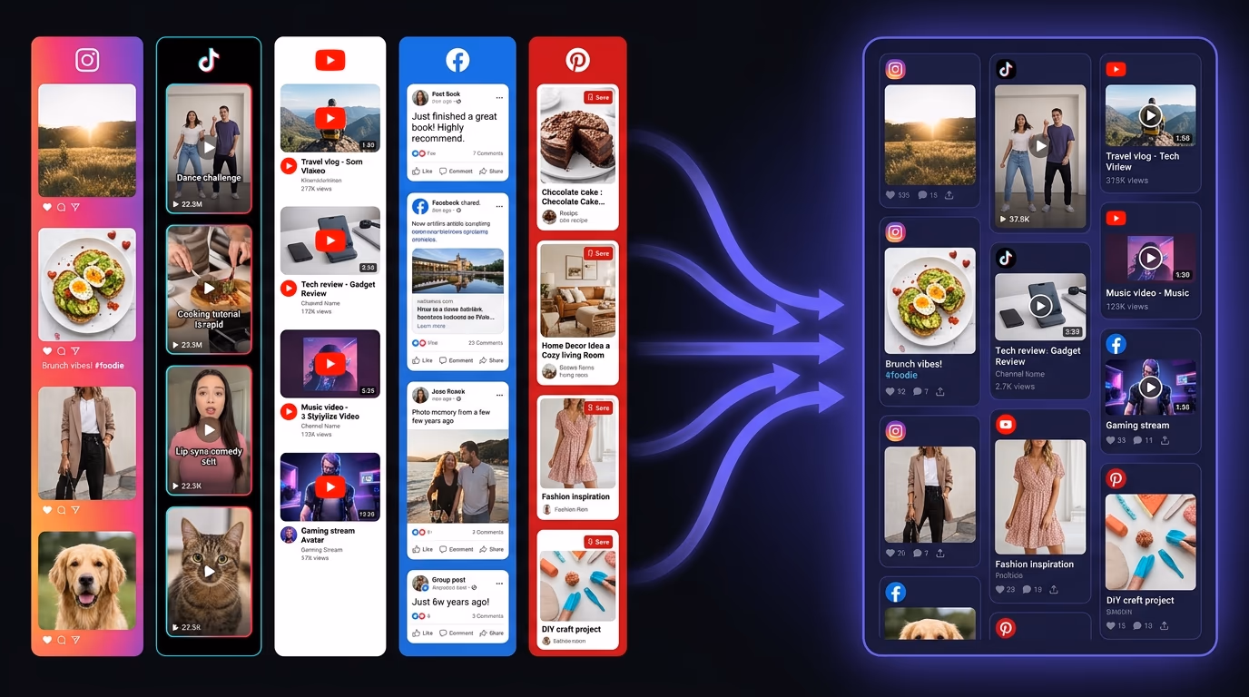 Social media aggregator concept showing multiple platform feeds merging into one unified widget display