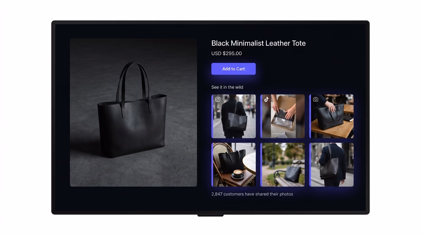 Website homepage with an embedded social media feed showing recent posts driving engagement alongside product content
