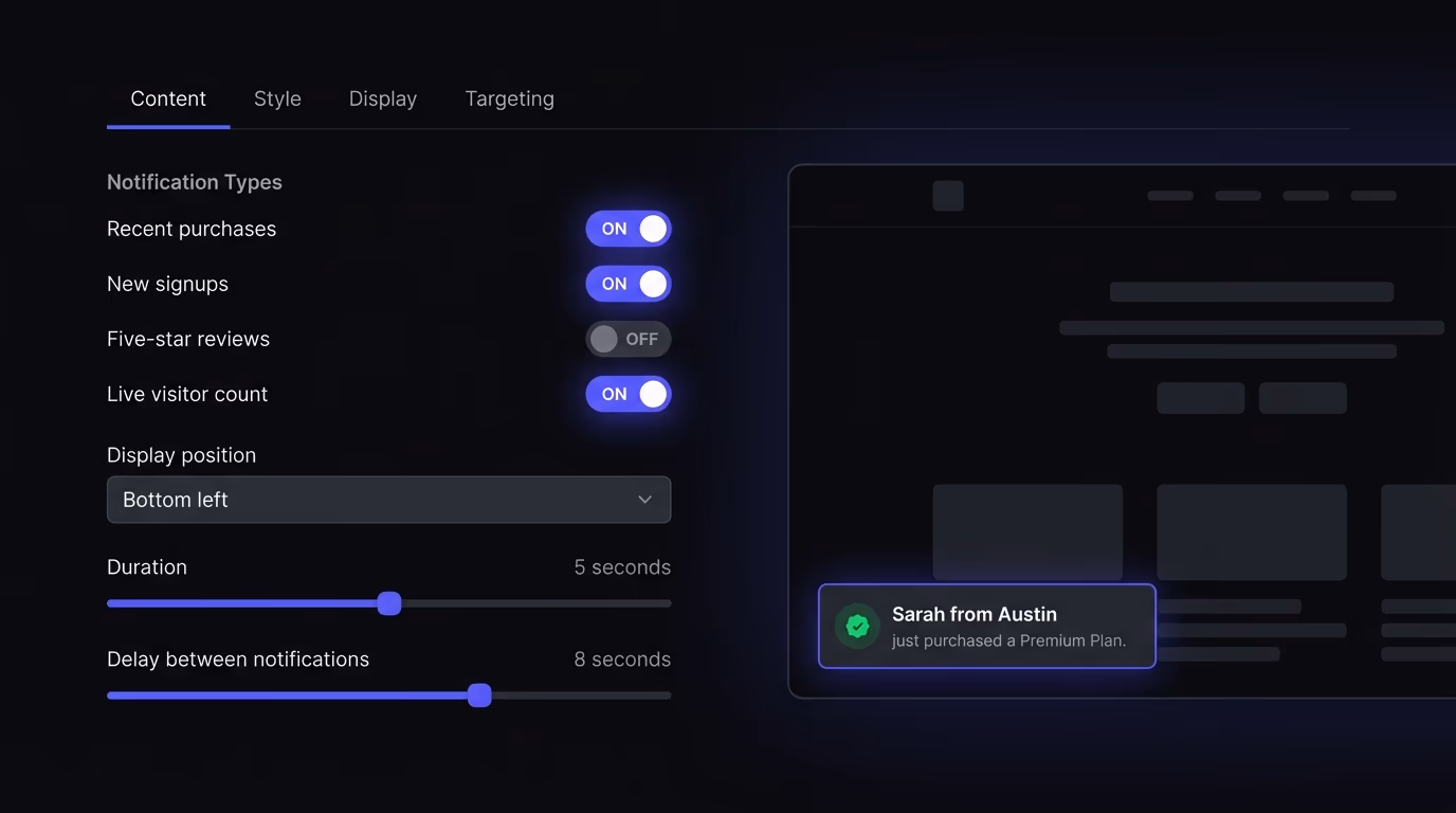 Website widget editor showing social proof configuration with notification style options, event types, and a live preview