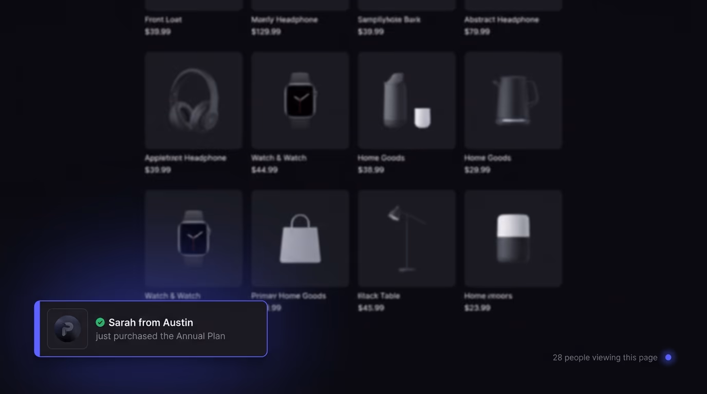 Toast notification on a dark website showing a recent purchase with a customer first name, city, and product thumbnail in the corner