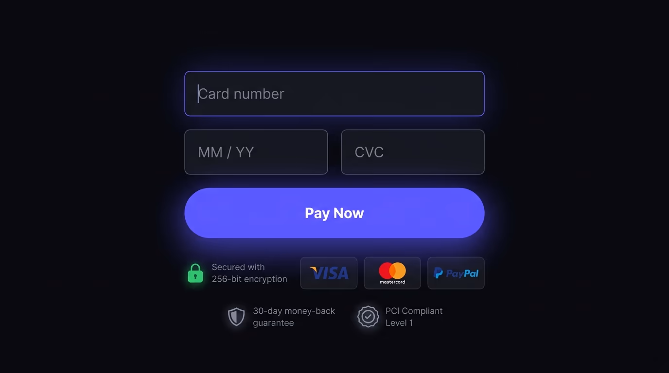 Checkout page section showing trust seals, payment provider logos, an SSL padlock, and a money-back guarantee badge near the buy button