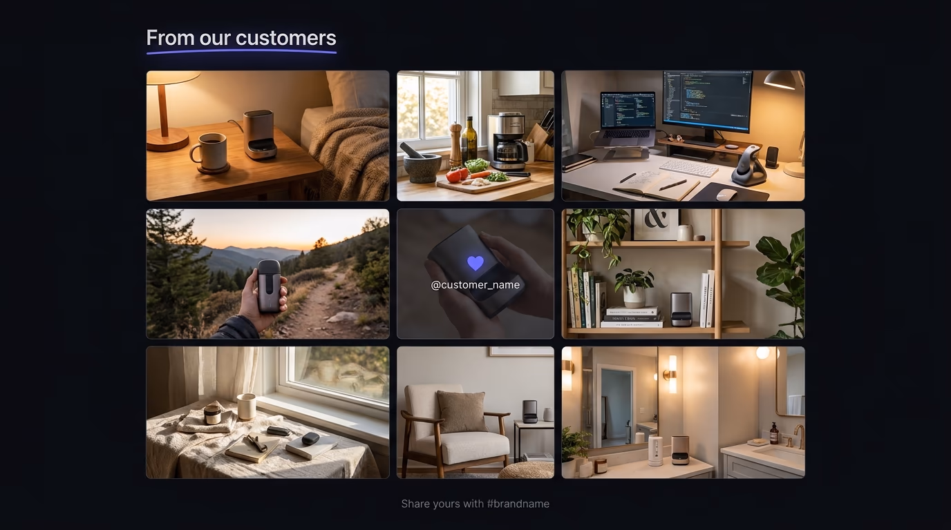 Grid of real customer-submitted photos showing a product in different everyday settings, displayed as a social feed on a website