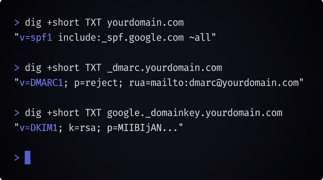 A terminal showing dig command output with the TXT records for spf dkim dmarc