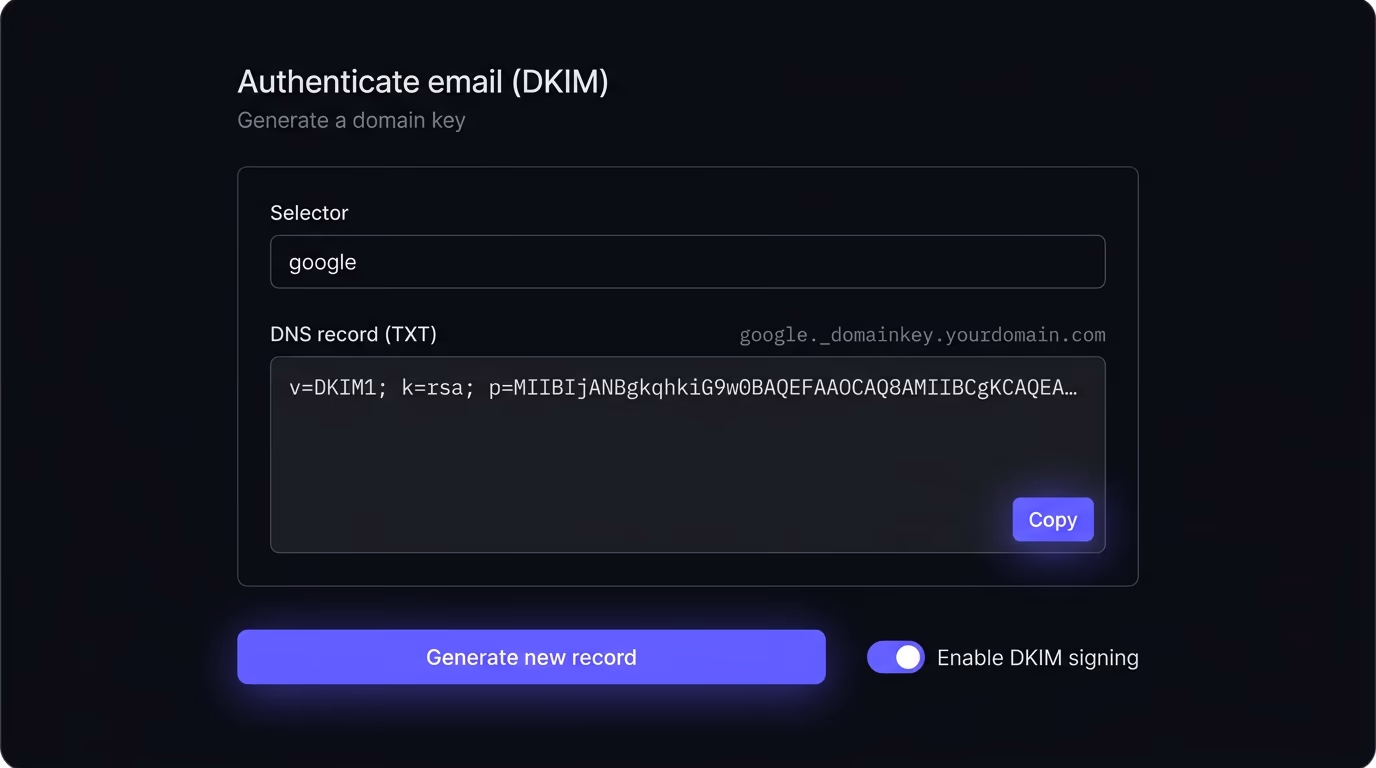 A DKIM selector and public key generated in an email provider admin panel