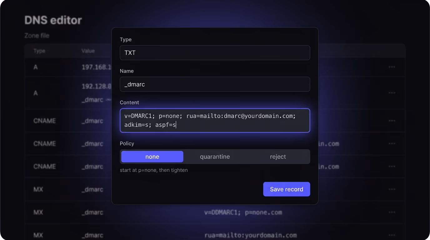 A DMARC TXT record with policy p equals none and a reporting address in a DNS editor