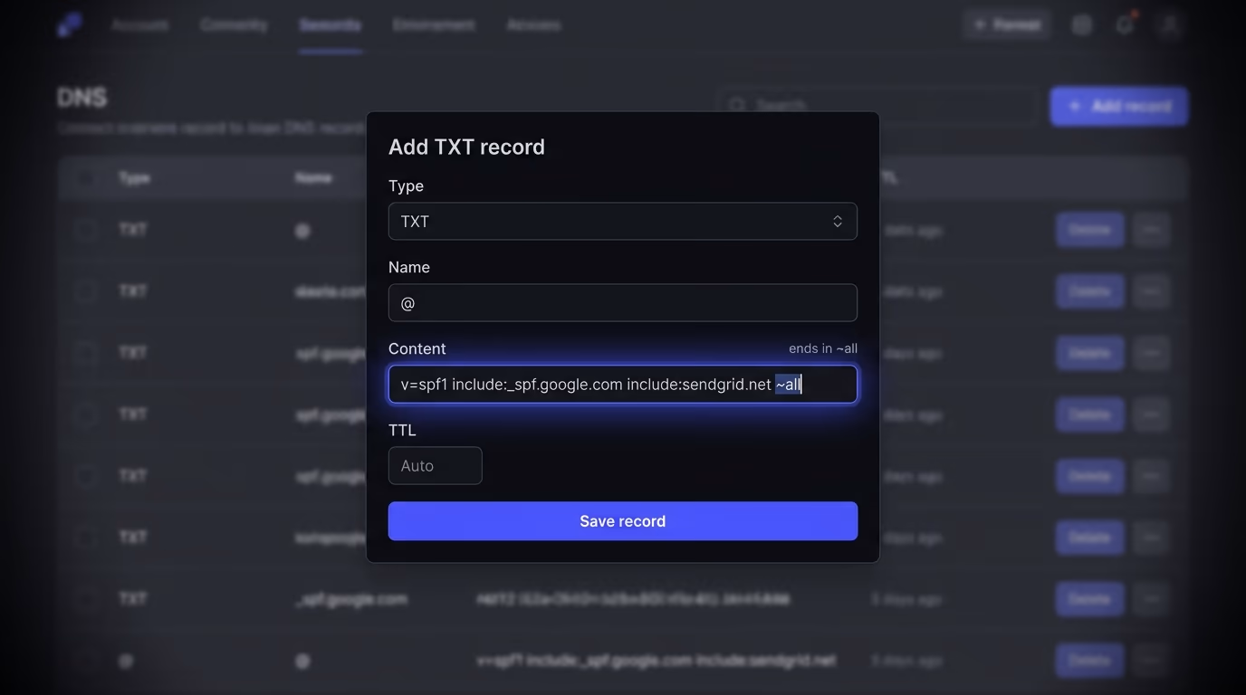 An SPF TXT record being edited in a DNS provider dashboard, ending in dash all