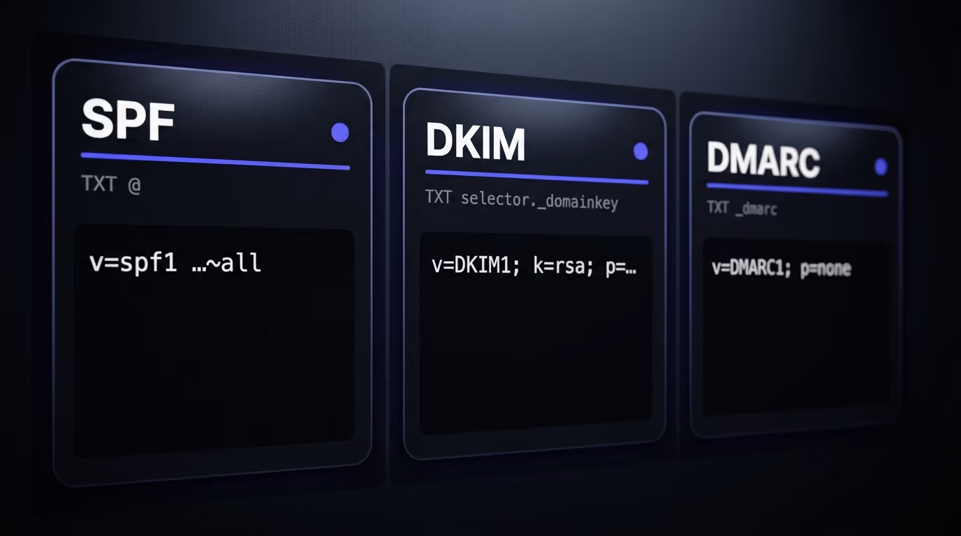 Three DNS TXT records for spf dkim dmarc shown in a domain DNS management table