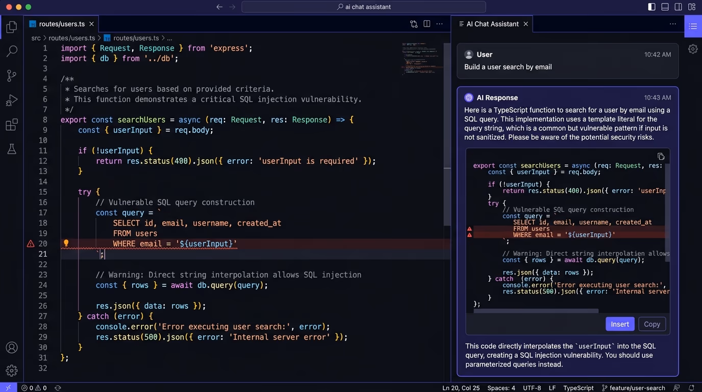 AI coding tool generating vulnerable SQL code, a Cursor-style code editor showing a JavaScript function with a template literal SQL query where user input is interpolated directly into the string, the vulnerable line highlighted