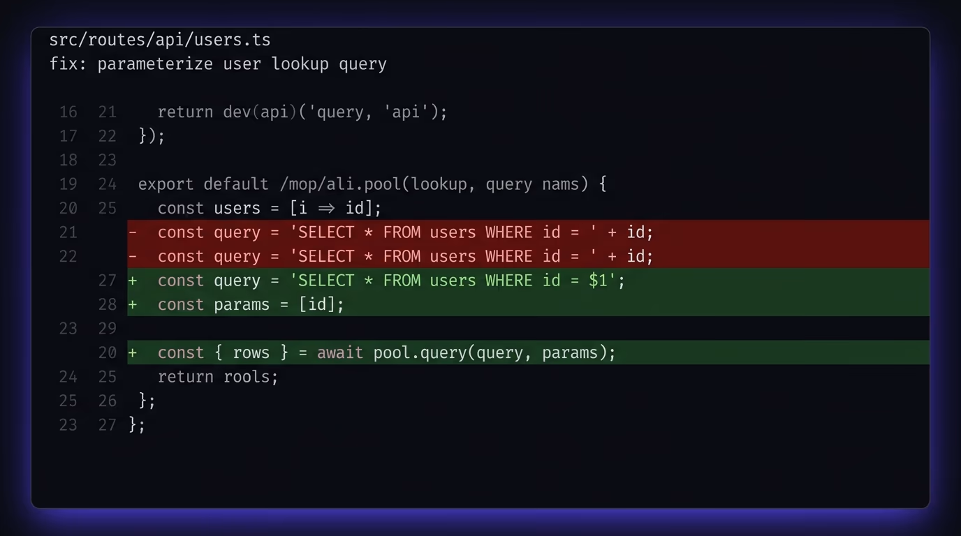 Developer fixing a SQL injection vulnerability in their codebase, a code editor showing a git diff where a string-concatenated SQL query is being replaced with a parameterized version, green additions and red deletions visible