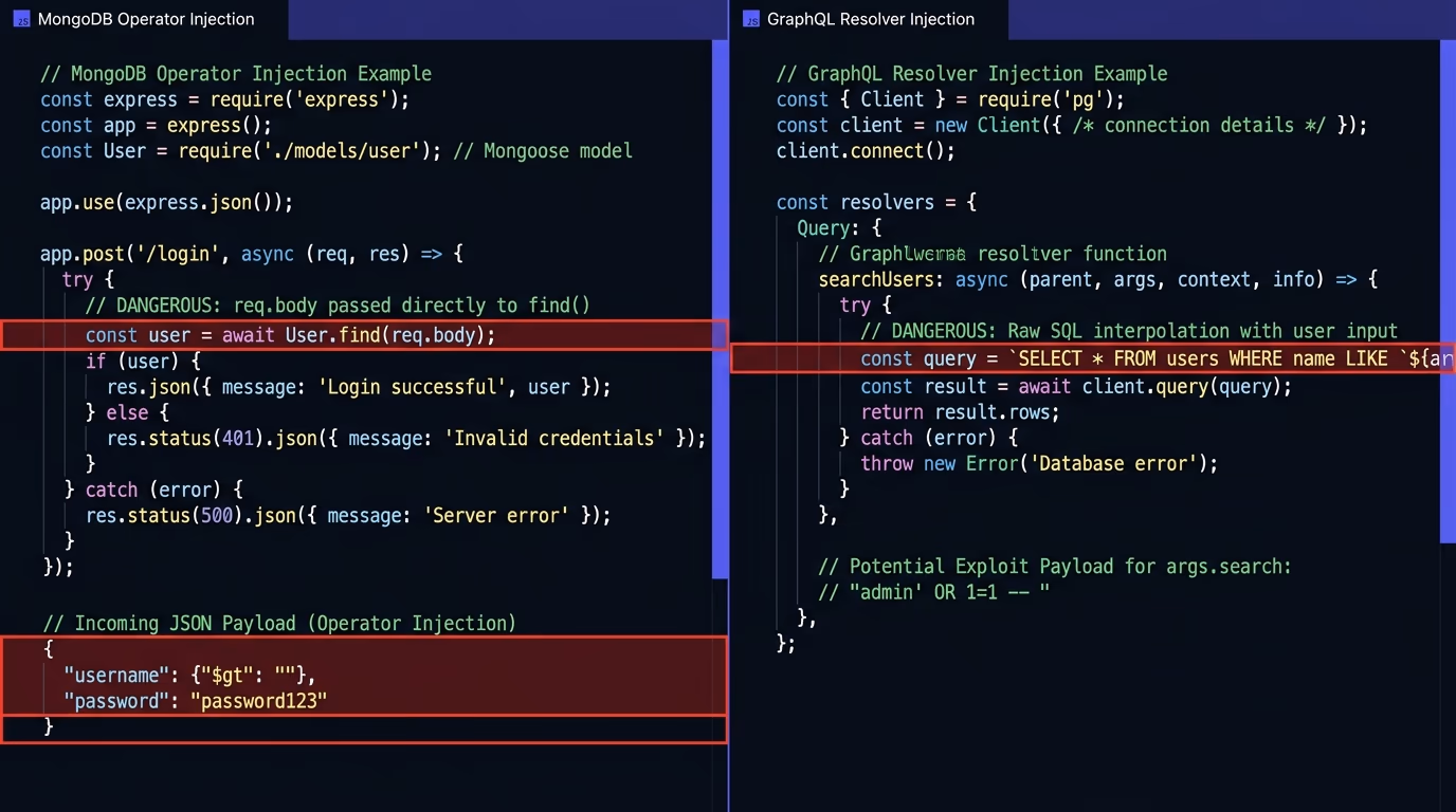 NoSQL and GraphQL injection patterns, a split code editor showing a MongoDB operator injection attack on the left and a GraphQL introspection query with malicious nested fragments on the right, dark theme filling the frame