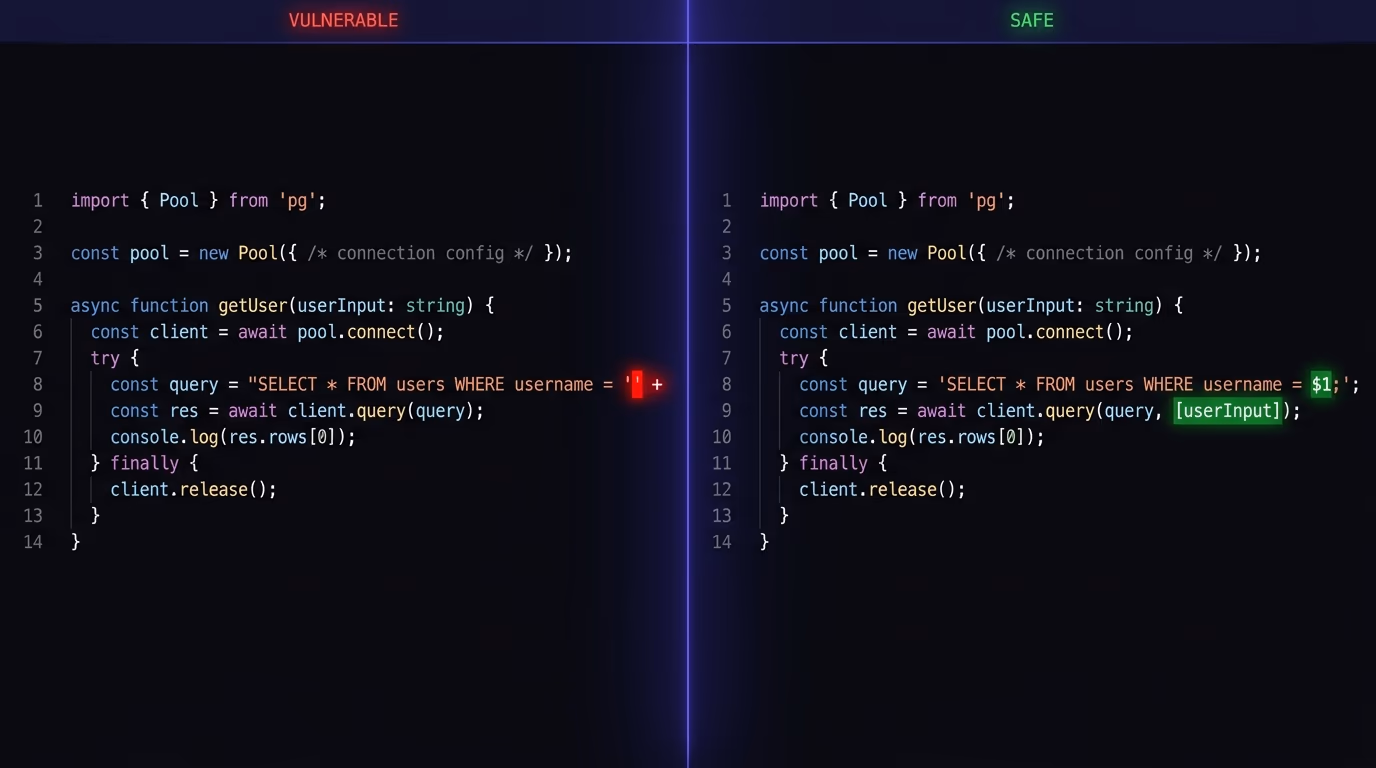 Parameterized query code example showing a split-screen comparison in a modern code editor, with raw string concatenation on the left side and the parameterized version with placeholder markers on the right side