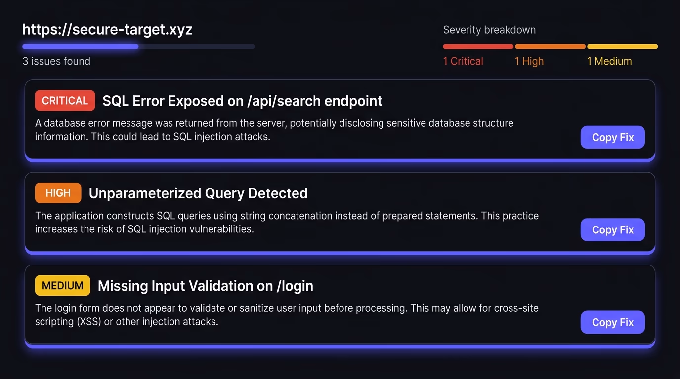 Website security scanner results showing SQL injection test findings, a scan report interface displaying detected injection points with severity ratings and the specific vulnerable endpoints listed, dark UI filling the frame