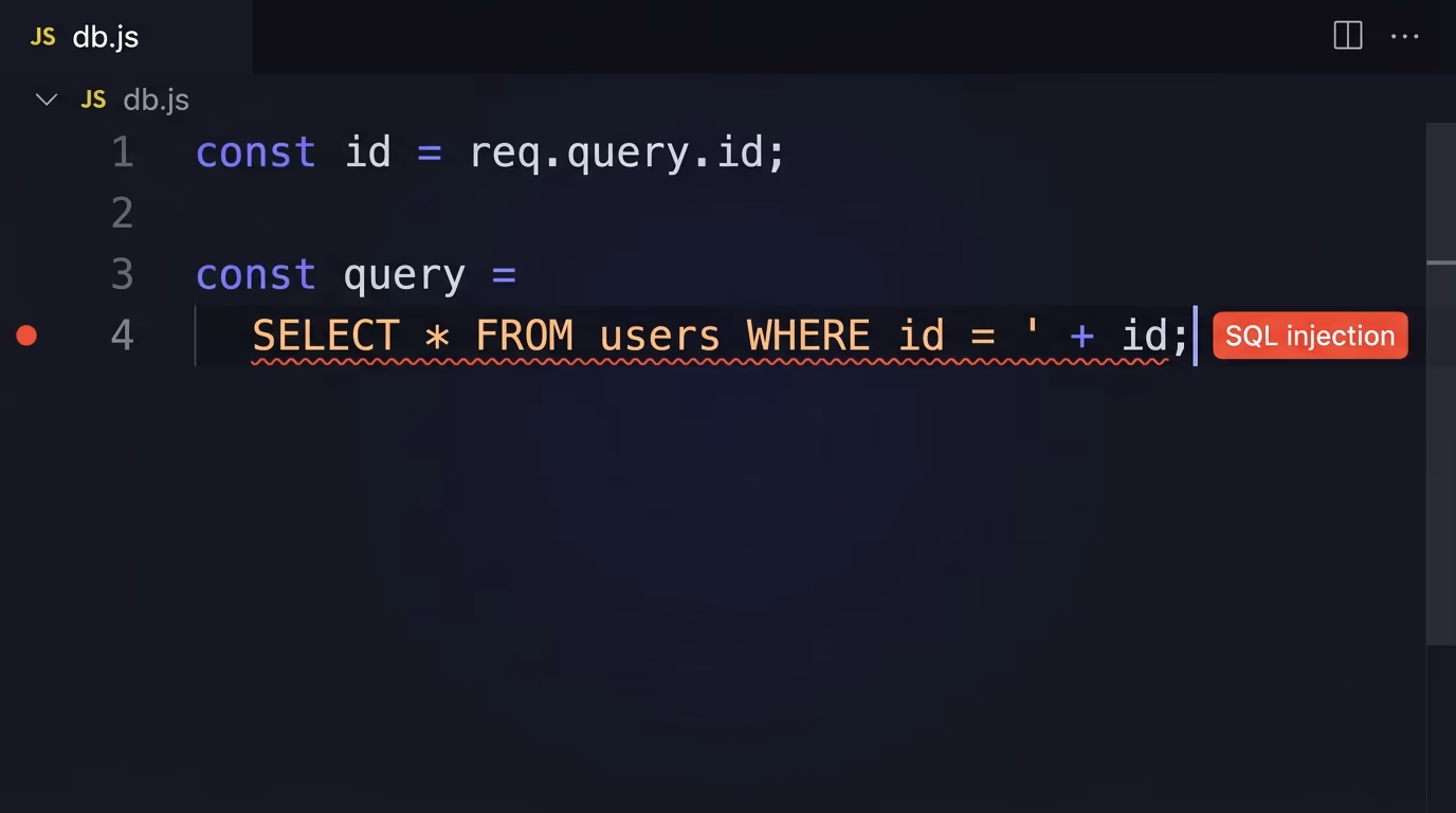 Vibe coding security in a code editor, a VS Code file flagging a SQL injection on a raw user-id query