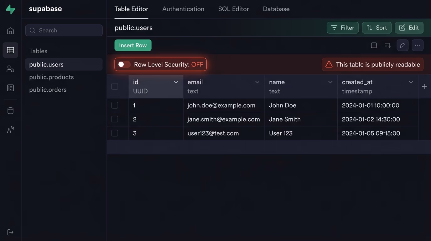 Is vibe coding safe for your database, a Supabase users table with Row Level Security OFF and marked publicly readable